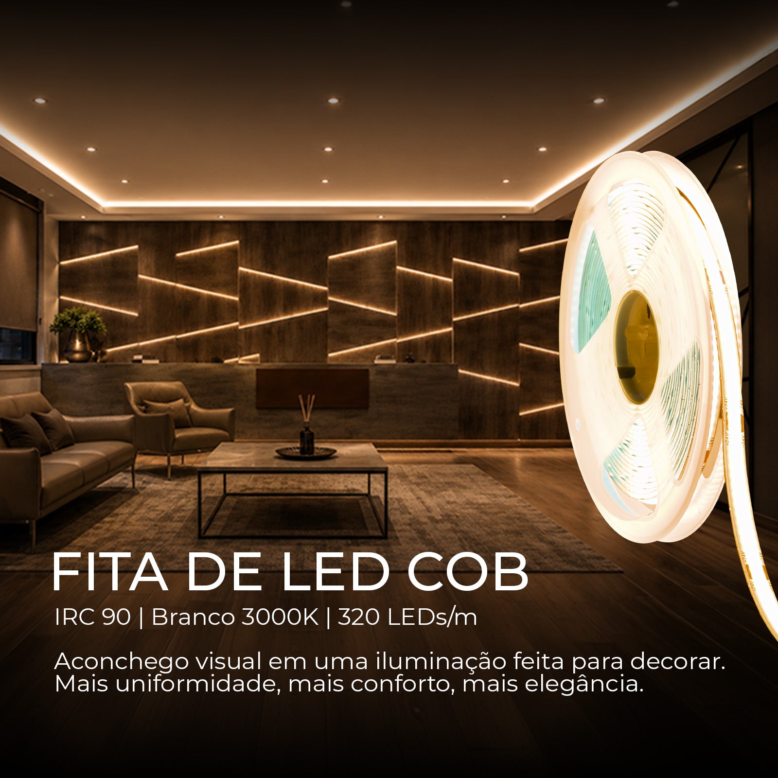Fita Led COB 5m 3000K Branco Quente 320 Leds/m IRC90 Dimerizável 24V