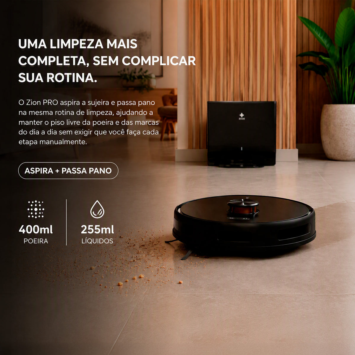 Robô aspirador EKAZA Zion Pro inteligente com navegação Lidar 6000Pa de sucção aspiração e mop base com coleta automática de resíduos e reservatório de 3,2L