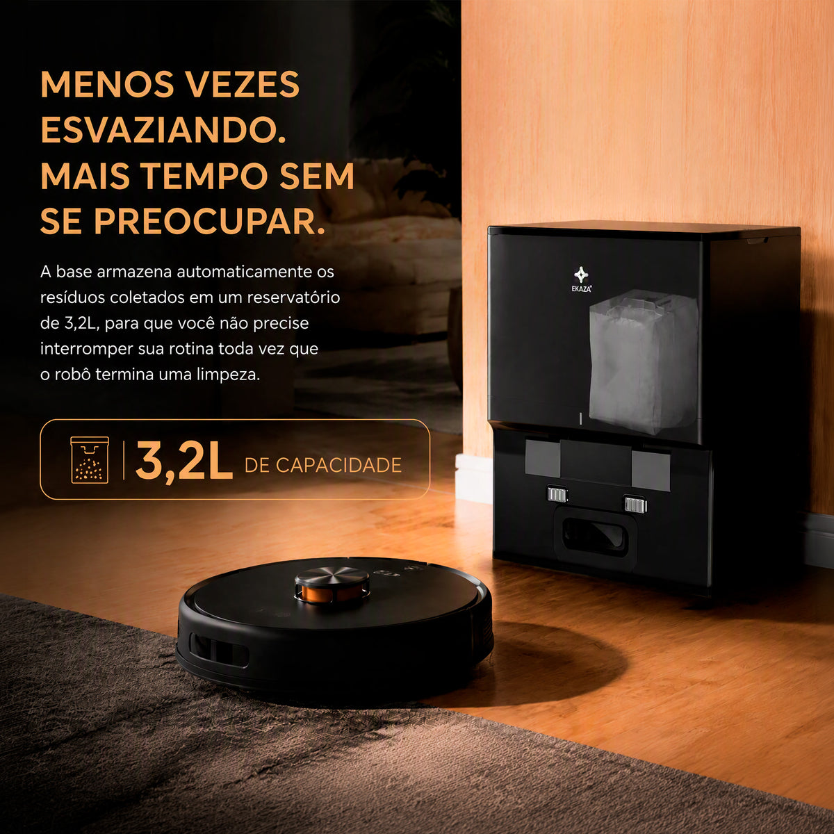 Robô aspirador EKAZA Zion Pro inteligente com navegação Lidar 6000Pa de sucção aspiração e mop base com coleta automática de resíduos e reservatório de 3,2L