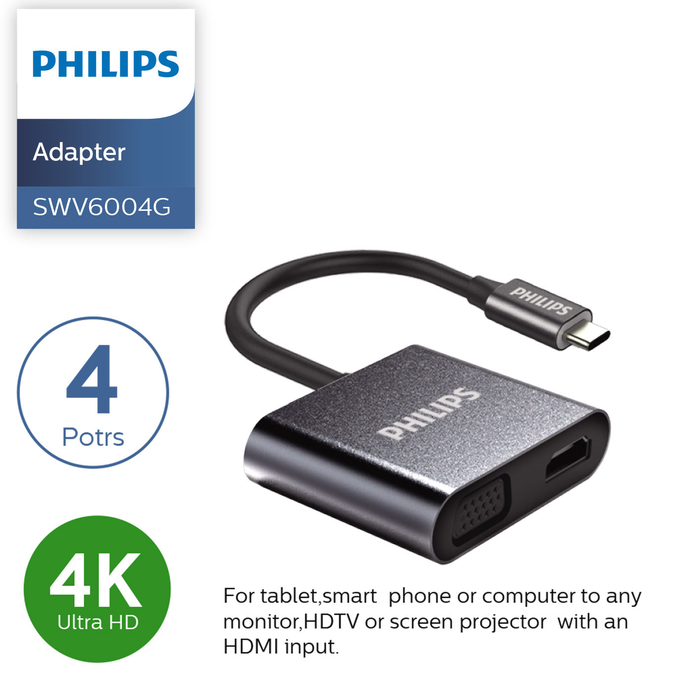 PHILIPS Tipo-C Hub 4em1 HDMI+USB+PD+VGA