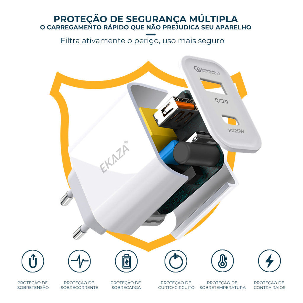 Carregador Rápido Turbo 20w Usb-c Para iPhone Android - Ekaza
