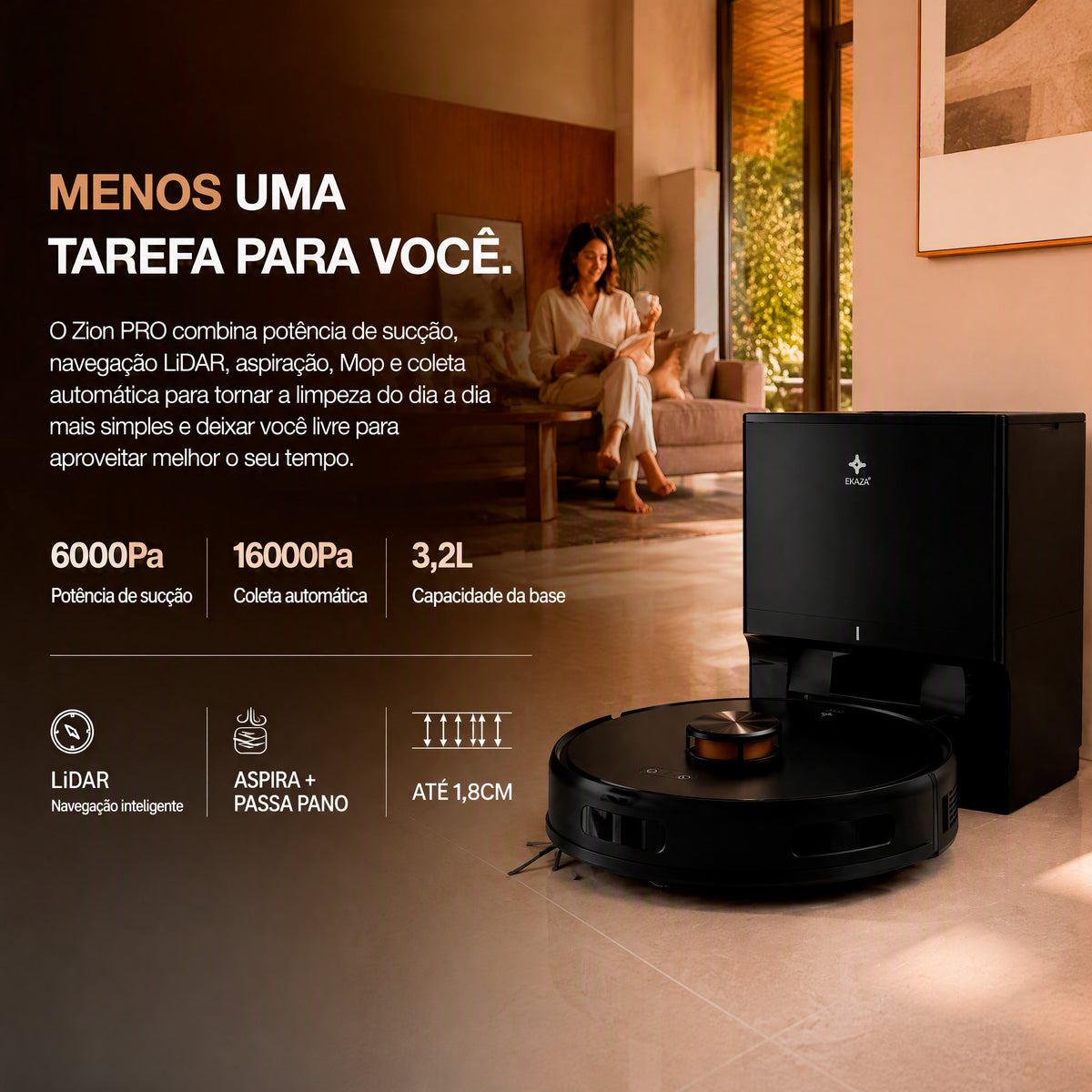 Robô aspirador EKAZA Zion Pro inteligente com navegação Lidar 6000Pa de sucção aspiração e mop base com coleta automática de resíduos e reservatório de 3,2L