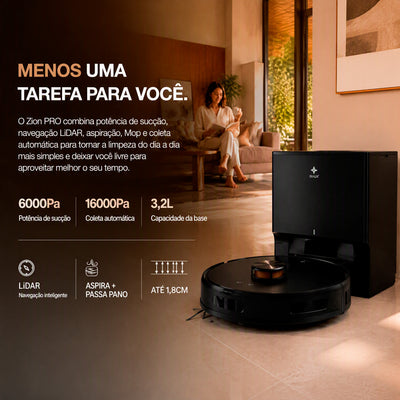 Robô aspirador EKAZA Zion Pro inteligente com navegação Lidar 6000Pa de sucção aspiração e mop base com coleta automática de resíduos e reservatório de 3,2L