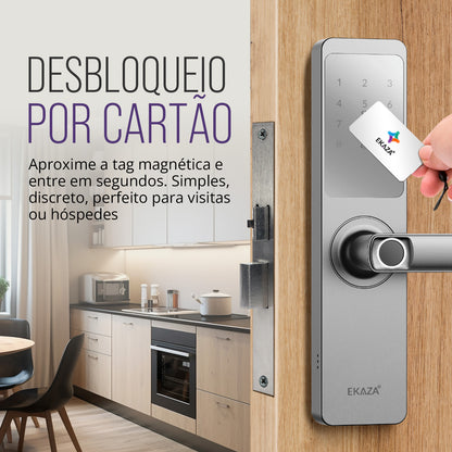 Fechadura Digital Inteligente Senha Cartão Alumínio Cor Prateada Biométrica Lyra Ekmg-t5332 Wifi