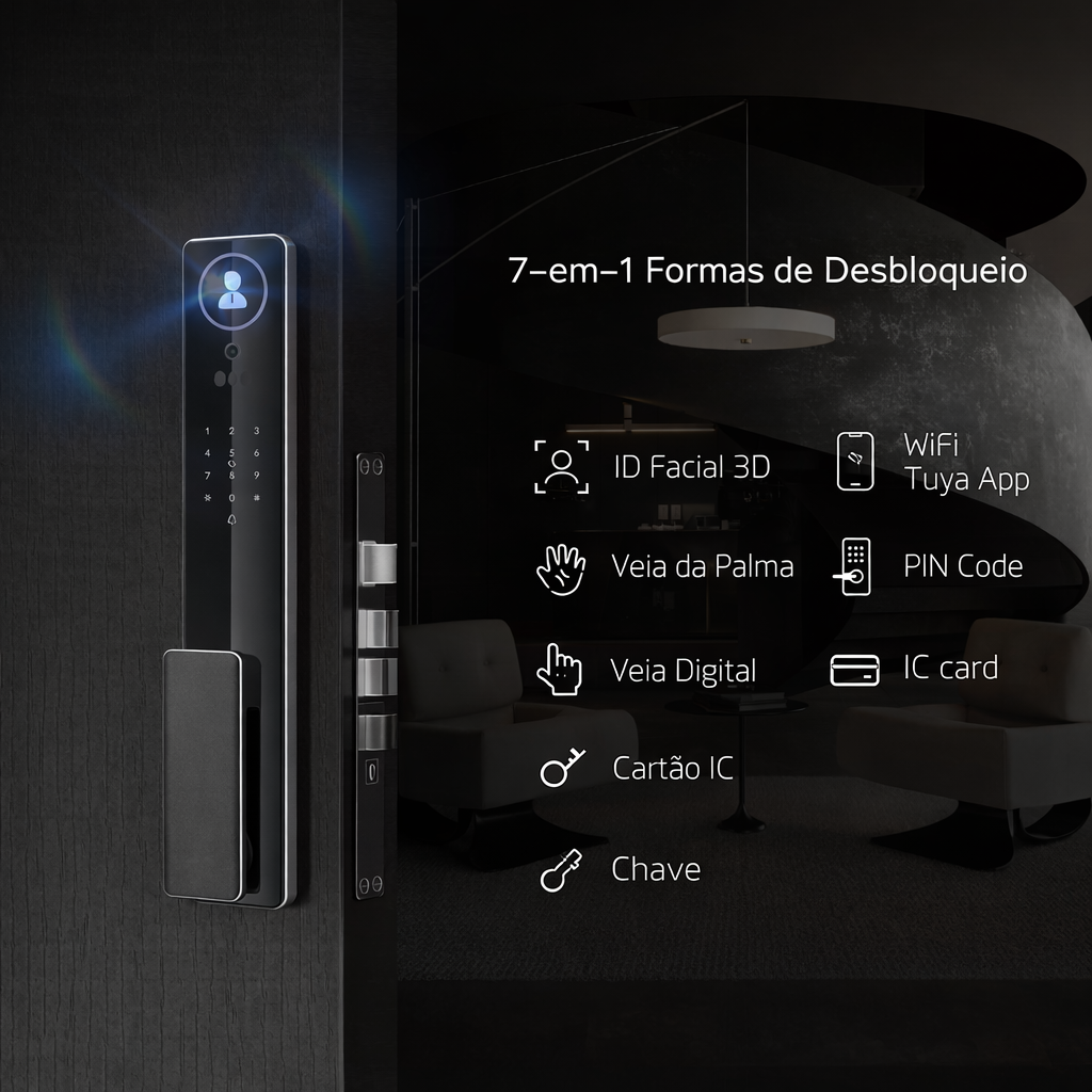 Fechadura Digital Inteligente Vega Ultra WiFi com Reconhecimento Facial, Digital, Senha, Cartão, App e Chave