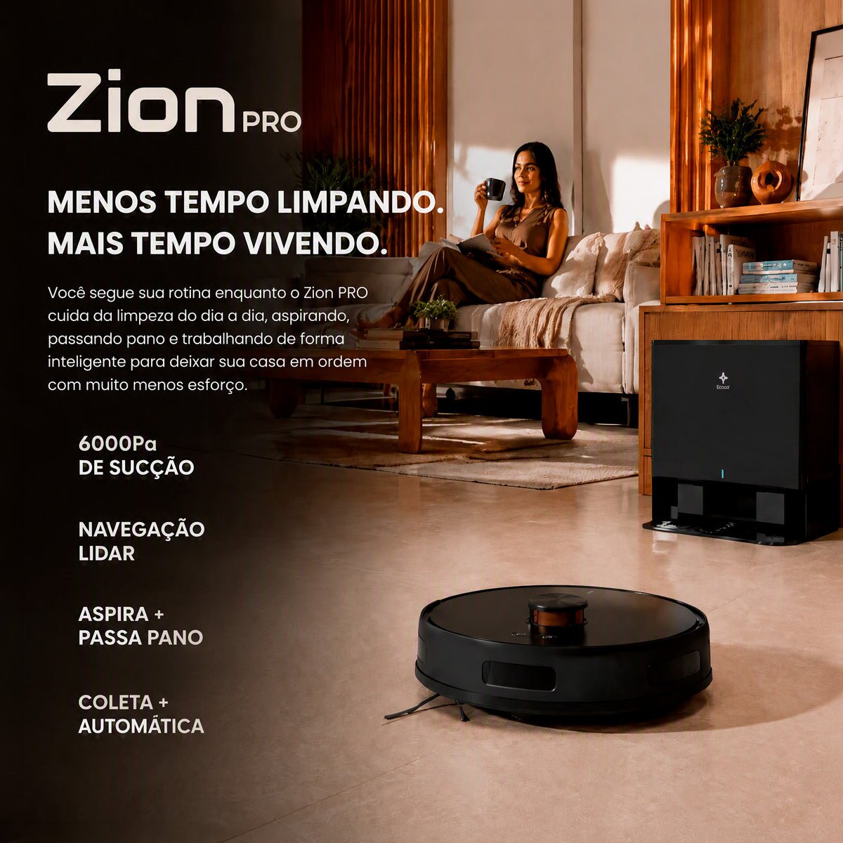 Robô aspirador EKAZA Zion Pro inteligente com navegação Lidar 6000Pa de sucção aspiração e mop base com coleta automática de resíduos e reservatório de 3,2L