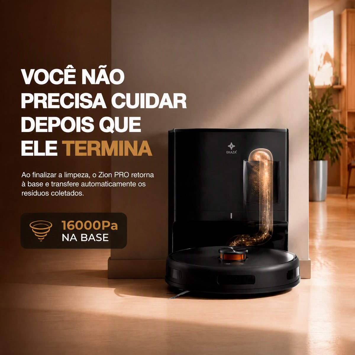 Robô aspirador EKAZA Zion Pro inteligente com navegação Lidar 6000Pa de sucção aspiração e mop base com coleta automática de resíduos e reservatório de 3,2L