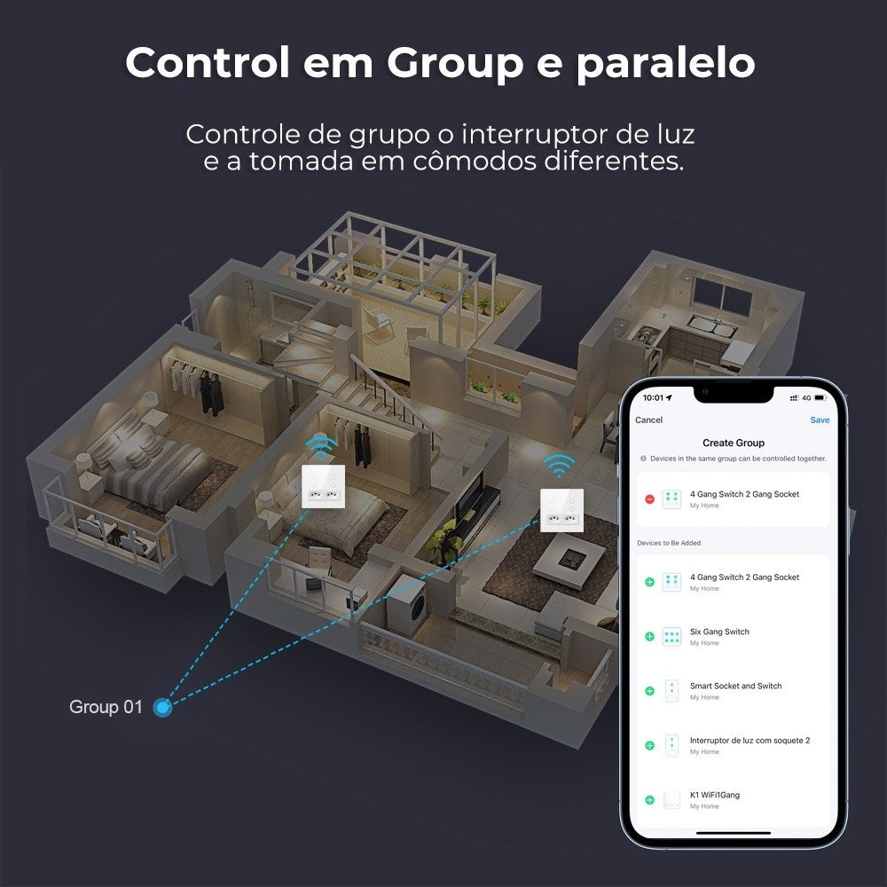 Interruptor Inteligente com 2 Tomadas 4x4 WiFi